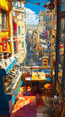 Fototapeta premium A sunny cafe patio overlooks a bustling European street with colorful buildings.