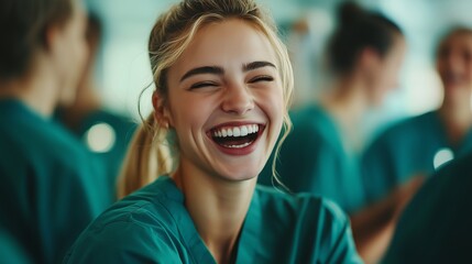 Fototapeta premium A group of medical professionals laughing together in an office setting