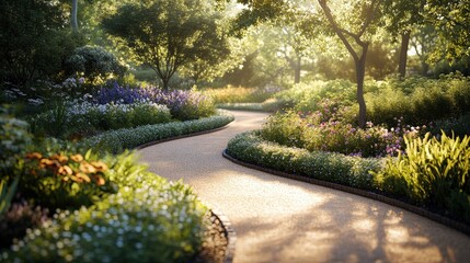 Naklejka premium Serene Pathway Through Manicured Garden Landscape