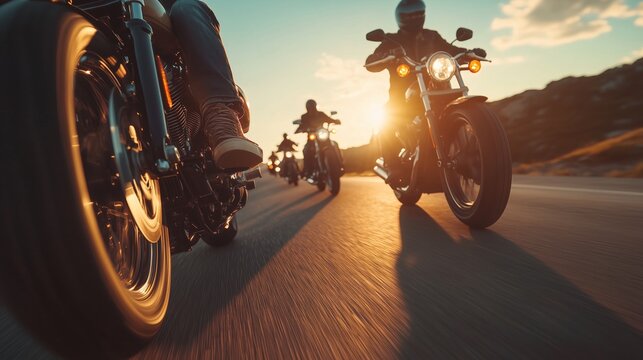 A group of motorcyclists riding down an open road