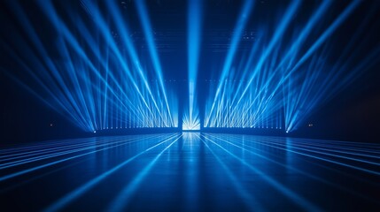 A stage with dynamic lighting, including blue beams and lasers creating an immersive atmosphere for the concert performance