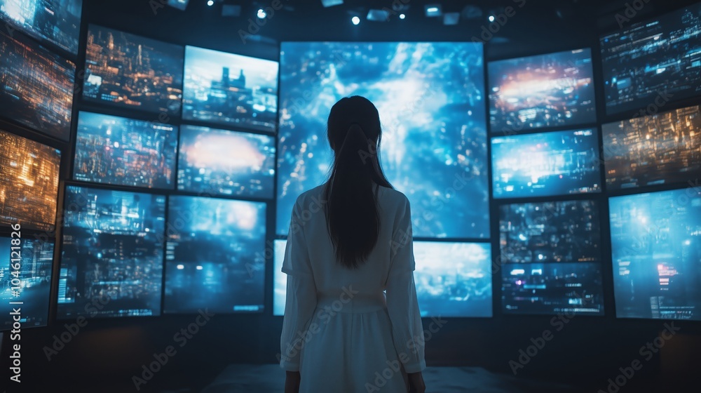 Aufkleber a woman stands in front of an array of screens showing various media content, symbolizing the univer