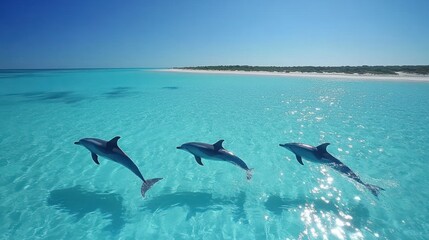 Obraz premium Three dolphins leap out of the turquoise water, against a backdrop of a white sandy beach and clear blue sky.