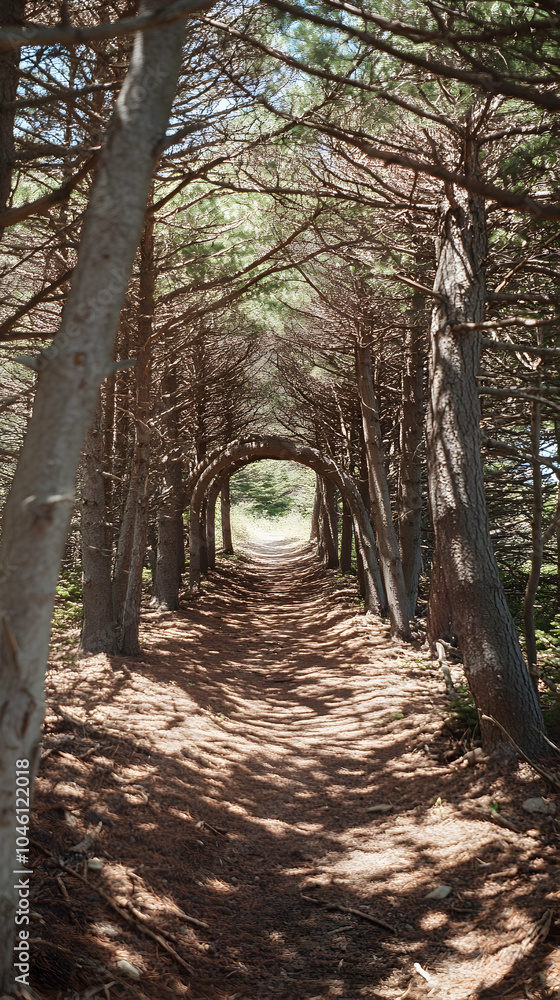 Poster a winding path through a sunlit forest with an arch of trees overhead.