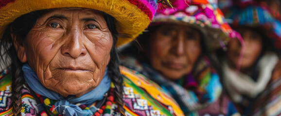 Fototapeta premium Smiling native indigenous people of Bolivia and South America, dressed in colorful native clothes
