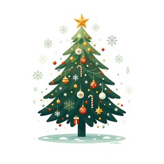 Fototapeta premium Flat, isolated illustration of a festive Christmas tree adorned with colorful ornaments, lights, and a shining star on top. The tree has a classic triangular shape and vibrant green branches. 