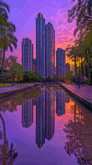 Naklejka premium Tall buildings reflected in a still pond at sunset.