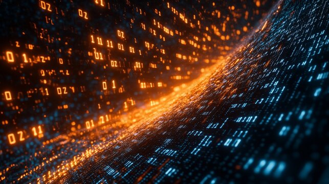 Digital binary code background with glowing numbers and data streams floating in the air, symbolizing advanced technology and information exchange. High-tech digital concept.