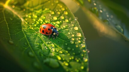 Fototapeta premium Ladybug on Dewy Leaf