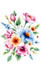 Watercolor flowers, floral bouquet for greeting card, invitation and other printing design. Isolated on white. Hand drawing isolated with white highlights, png