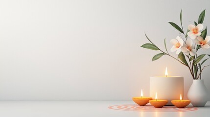 Serene candle arrangement with floral vase and zen atmosphere