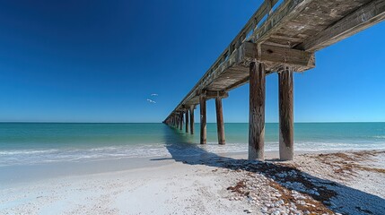 A wooden pier extends out into the turquoise waters of a tropical beach.