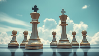 Pawn is ahead of the others. Cloudy sky. Leadership concept. Success. Abstraction. Business...