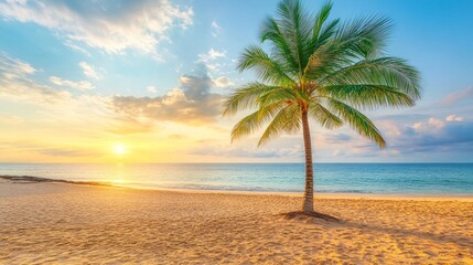 A lone palm tree stands on a sandy beach at sunset, with the sun shining through the clouds.
