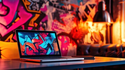 The laptop showcases colorful graffiti art while ambient light enhances the modern atmosphere of...