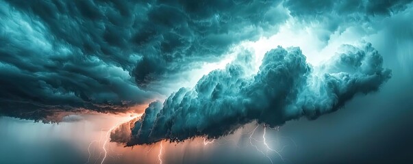 Dramatic storm clouds with lightning illuminating the dark sky