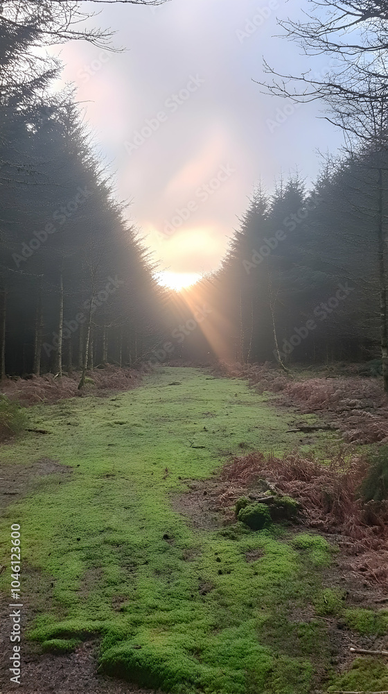 Poster sunbeams shining through trees in a forest, illuminating a path.