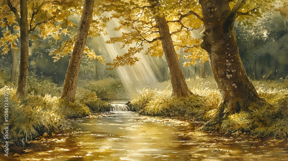 Poster sunlight streams through trees in a forest, illuminating a small waterfall and river.