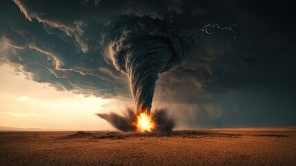 A powerful tornado blending with dark, stormy clouds over a desolate landscape.