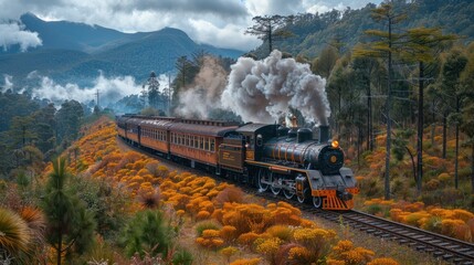 Fototapeta premium Vintage Steam Train Traveling Through Mountainous Terrain