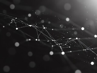 Abstract black and white background with glowing dots and lines connected in a network pattern, representing data, communication, and technology.