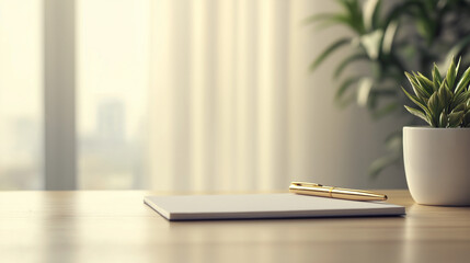 Boss Day concept,sunlit workspace features a blank notebook and golden pen resting on a wooden desk beside a potted plant,evoking a calm and productive atmosphere,copy space