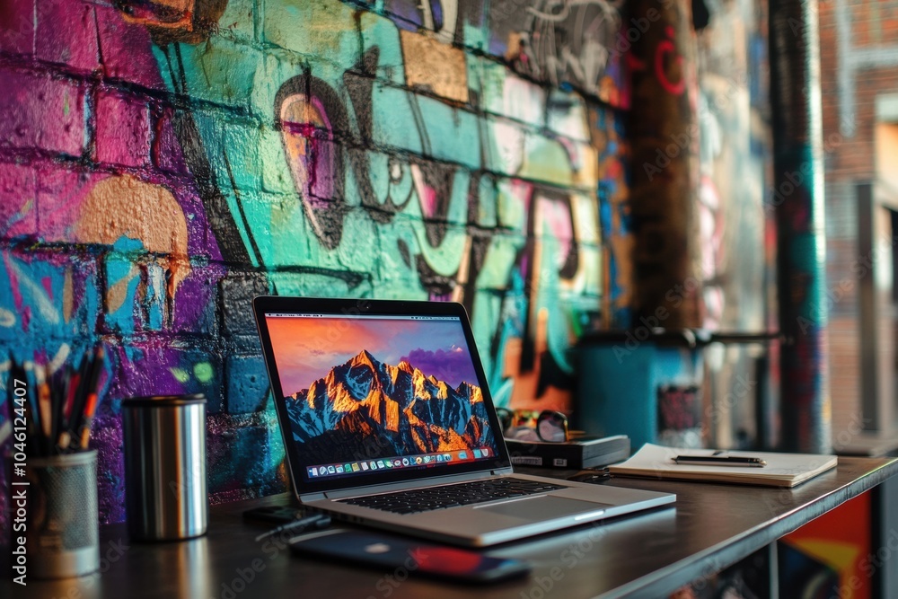Aufkleber A sleek laptop sits on a desk surrounded by colorful art, showcasing a dynamic workspace conducive to creativity and productivity. Generative AI