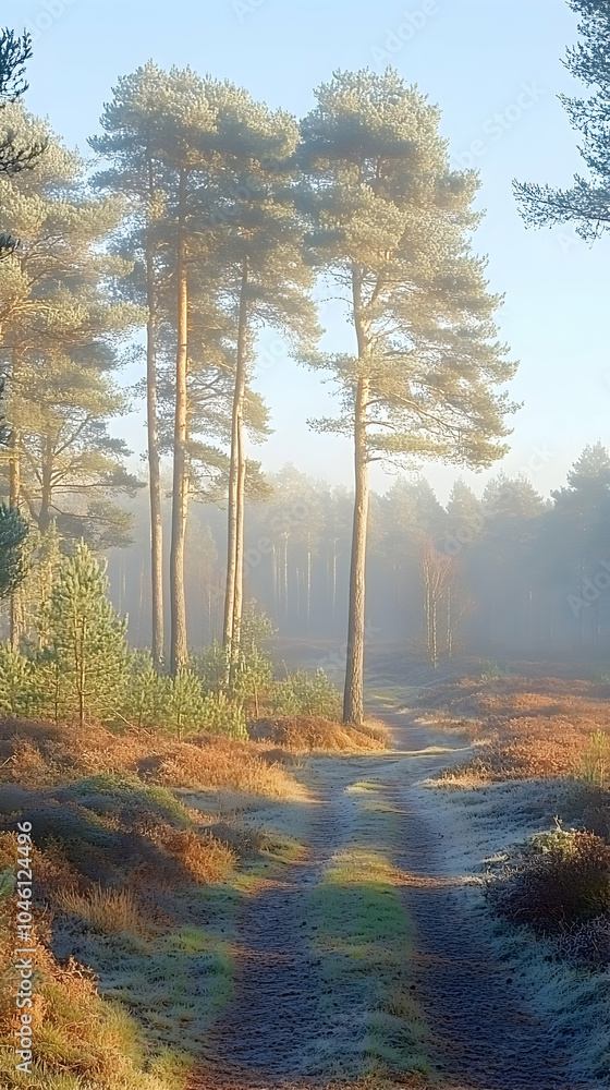 Poster a path winds through a misty forest with tall trees.