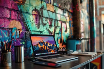 A sleek laptop sits on a desk surrounded by colorful art, showcasing a dynamic workspace conducive to creativity and productivity. Generative AI