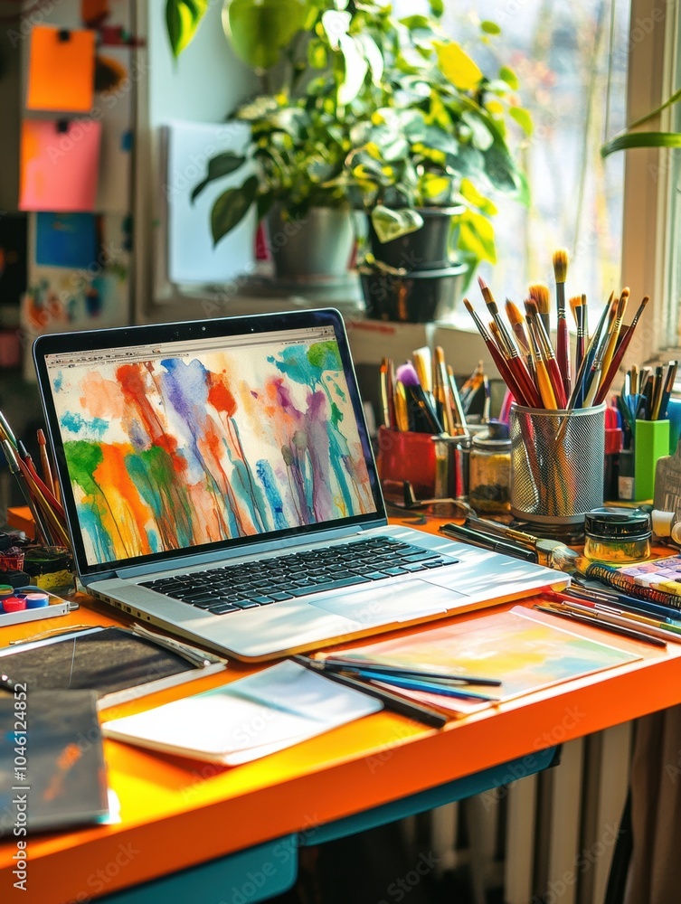 Poster a bright workspace features a laptop displaying colorful artwork alongside various art supplies, all