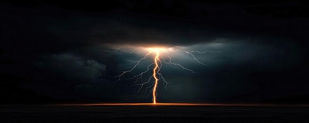 Dramatic lightning bolt striking the ground during a dark stormy night.