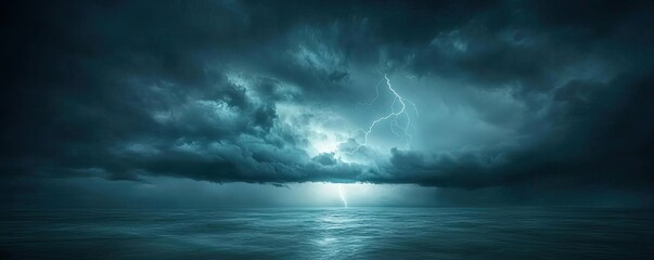 Obraz premium Stormy ocean sky with dark clouds and lightning, dramatic atmosphere, natural beauty