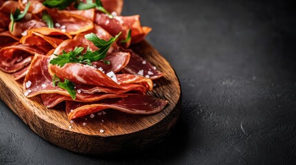 Delicious slices of cured meat arranged on a wooden board with herbs and salt.