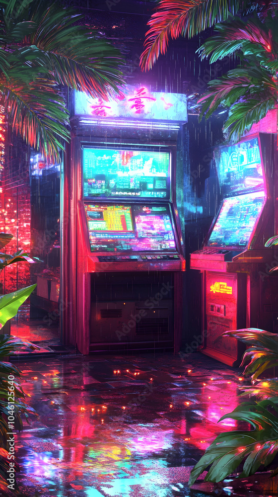 Poster retro arcade machines glowing under a neon light rain in a jungle setting.