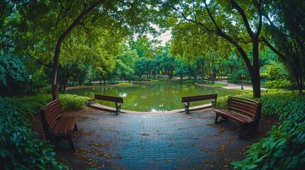 Obraz premium Tranquil Park Setting with Serene Water View