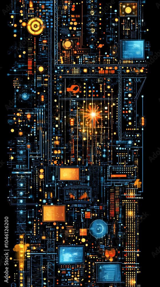 Aufkleber abstract digital circuitry with glowing lights and intricate patterns.