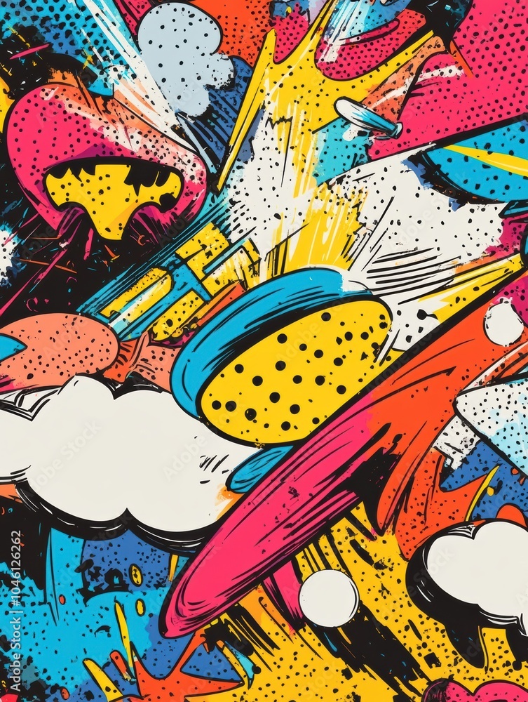 Aufkleber colorful comic-style doodles feature dynamic explosions, vibrant speech bubbles, and playful sound e