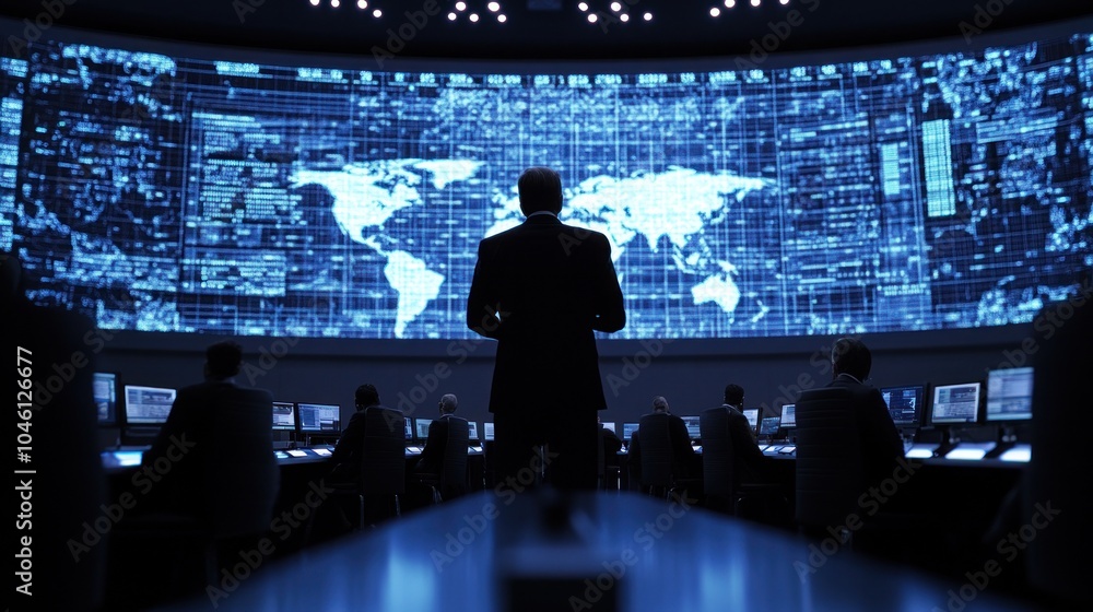 Aufkleber a man in a suit stands in front of a large screen displaying a world map and data, while other peopl