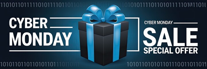 Cyber Monday sale banner with a gift box and a blue ribbon on a dark background.