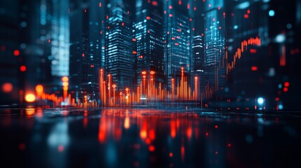 Fototapeta premium A digital background featuring financial charts and graphs, representing stock market data orhibocha grid with glowing light effects on the right side of composition