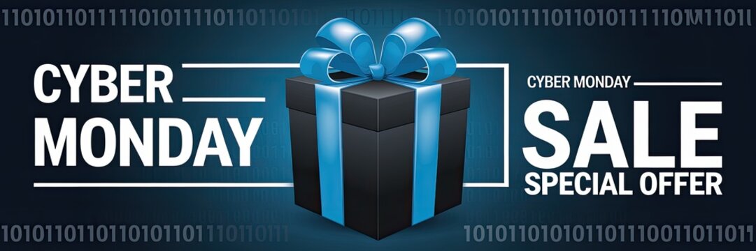 Cyber Monday sale banner with a gift box and a blue ribbon on a dark background.