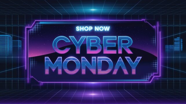 Cyber Monday sale banner with neon lights and grid background, modern digital design.