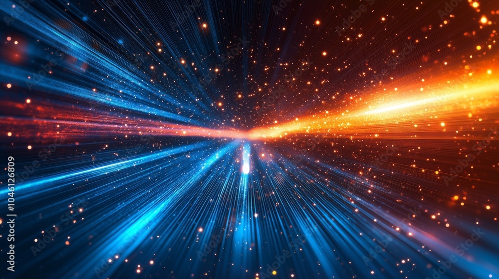 Poster light speed background with streaks of light in blue, orange and red colors. shiny rays on dark back