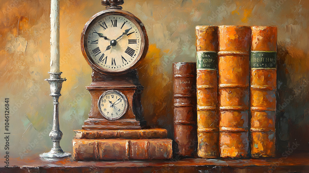 Poster an antique clock and books rest on a table with a candle in the background.