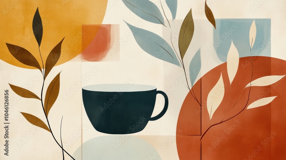 Poster this artwork showcases intersecting lines that represent tea leaves and cups, blending warm and cool