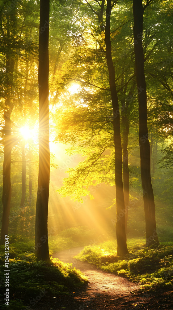 Poster sunlight beams through the trees in a misty forest, illuminating a path.