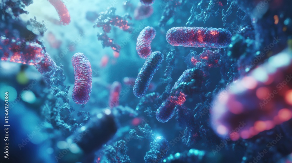 Poster a fascinating depiction of diverse bacteria in various colors, interacting in a dynamic environment 