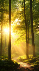 Naklejka premium Sunlight beams through the trees in a misty forest, illuminating a path.