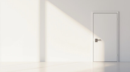 Buy Nothing Day concept,Bright,natural light filters through a minimal interior,highlighting a white door and creating soft shadows on floor during daylight hours,copy space
