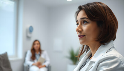 Patient looking at psychologist in clinic isolated with white highlights, png